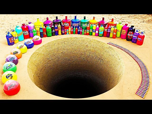 Experiment: Giant Coca Cola & Sprite, Balloons of Fanta, Mirinda, Mtn Dew vs Mentos underground