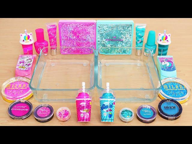 Pink vs Teal - Mixing Makeup Eyeshadow Into Slime ASMR