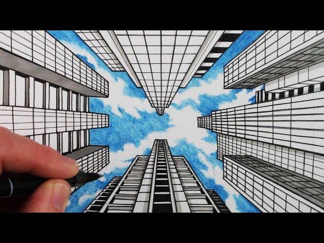 How to Draw 1-Point Perspective: Draw Buildings and Sky