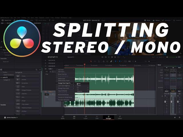 How to SPLIT STEREO into Two Separate MONO Tracks in Davinci Resolve 17