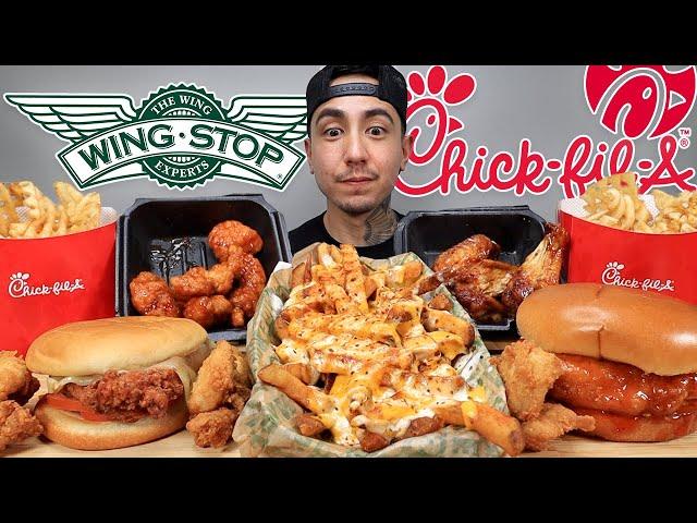 MUKBANG EATING Chick Fil A Deluxe Sandwich, SAUCY Voodoo Fries, Wingstop Mango Habanero Sandwich