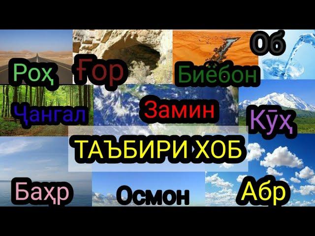 Таъбири хоб: Замин дар хоб,Осмон дар хоб, Бахр,Об,Чангал,Кӯх,Биëбон,Абр,Офтоб,Рох,Гор,Ситора дар хоб