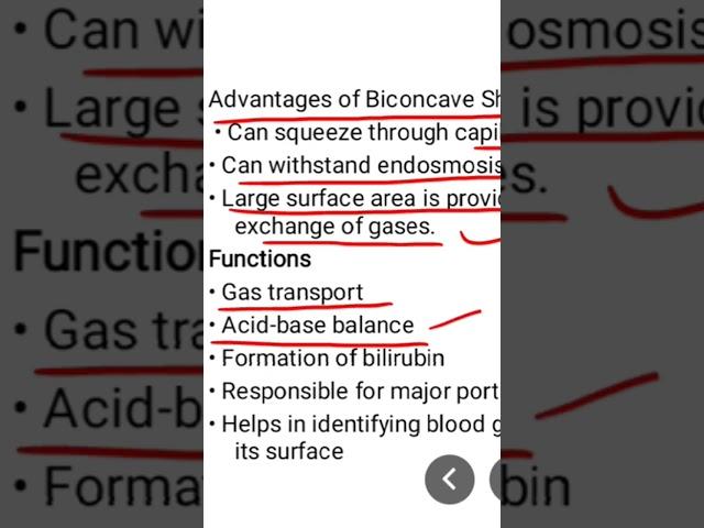 Advantage of biconcave shape, functions of RBC