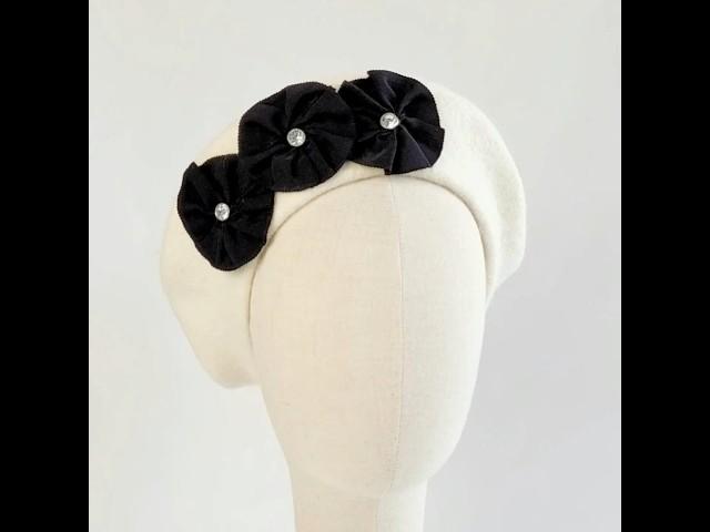 Ivory Beret with Ribbon Rosettes and Diamante Studs