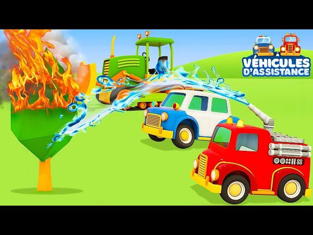 Un feu dans la forêt! Le Véhicule d’assistance est coincé! Dessin animé en français