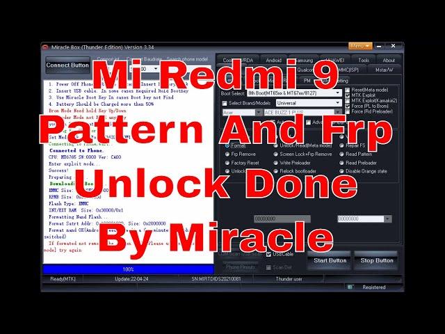 Mi Redmi 9 Pattern And Frp Unlock Done By Miracle Box,Miracle Thunder,Miracle Digital