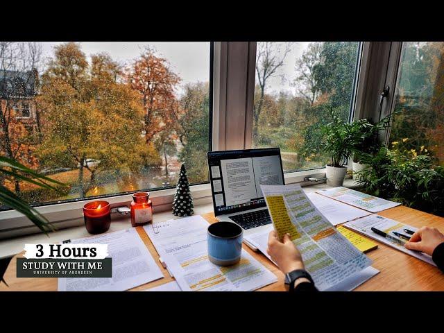 3 HOUR STUDY WITH ME on A RAINY DAY | Background noise, 10-min Break, No music, Study with Merve