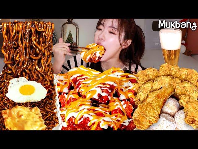 치맥은 못참지바삭한 후라이드치킨과 소스폭탄 킹트리플 양념치킨에 짜계치 꿀조합ㅣ짜장라면 치킨먹방 Chicken,chapahetti Ramen ASMR MUKBANG