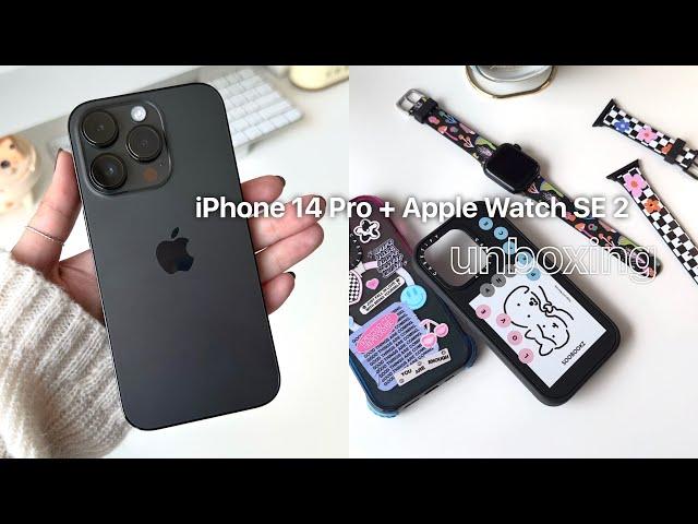 iPhone 14 Pro Unboxing (Space Black) + Apple Watch SE 2 | setup + accessories | aesthetic unboxing 