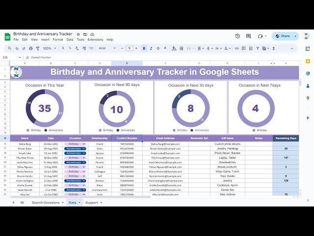 Birthday and Anniversary Tracker in Google Sheets with Search feature