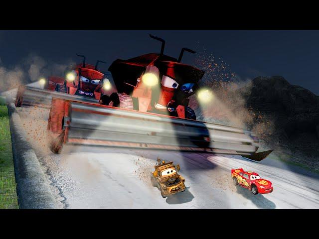 THE BIGGEST DISNEY COMBINE HARVESTER VS PIXAR CARS MCQUEEN MATER MONSTER MACK vs DOWN OF DEATH