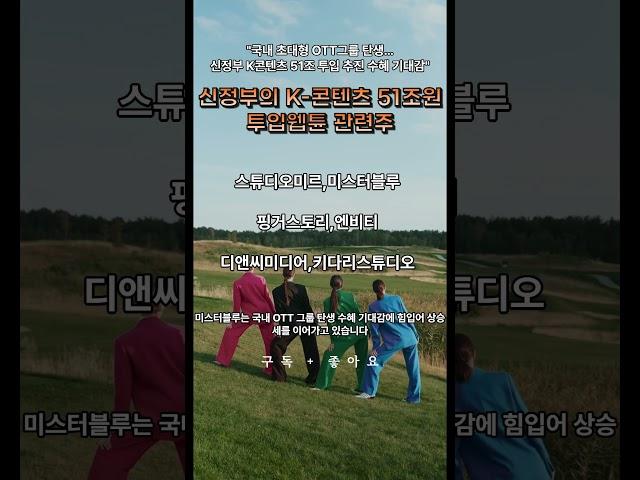 "스튜디오미르 상한가 29.94%"국내 초대형 OTT그룹 탄생…신정부 K콘텐츠 51조 투입 추진 수혜 기대감" 웹튠 관련주? #주식#테마#미스터블루#핑거스토리#엔비티#키다리스튜디오