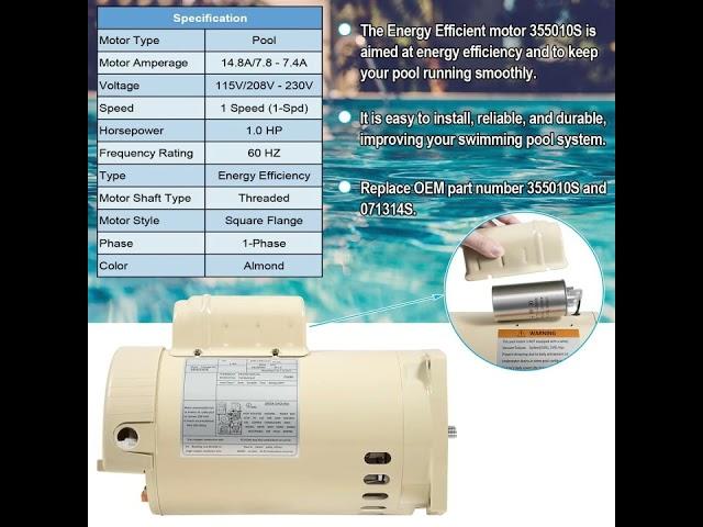 Energy Efficient 1HP Pool Pump Motor 355010S Replacement Part for WhisperFlo Pool Pumps