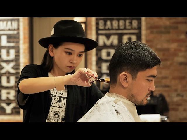 (ASMR) Stylish Japanese Lady Barber Rino - Haircut, Shave, Shampoo | WOLFMAN BARBER SHOP ROPPONGI