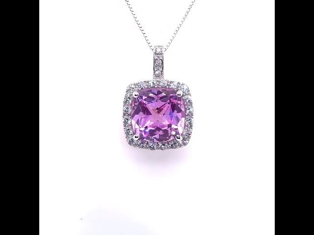 Natural Kunzite Spodumene & Diamond Halo Pave Pendant in White Gold