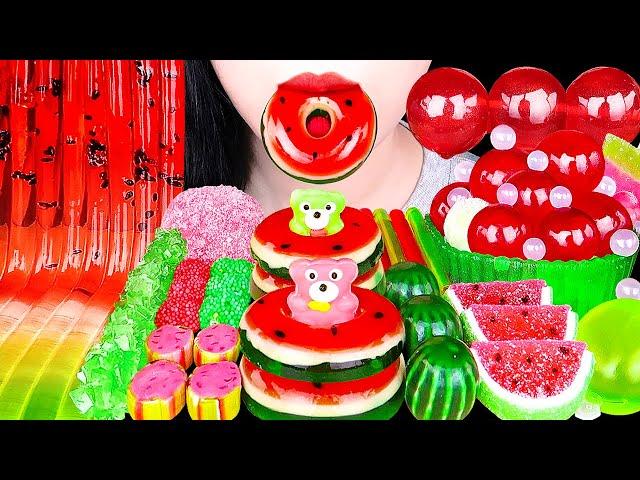 ASMR WATERMELON DESSERTS *JELLY NOODLES, WATERMELON DONUT, TIKTOK JELLY, ROCK CANDY EATING SOUNDS 먹방