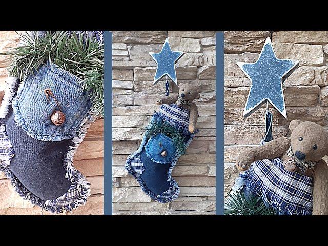 Denim Christmas stocking & wooden star. Рождественский сапожок и деревянная звезда