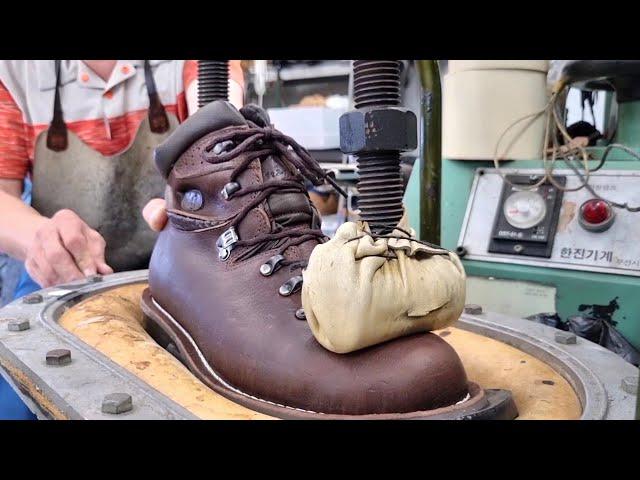 Process of Making Strong Hiking Boots from Thick Cowhide leather. Handmade Shoe Craftsman