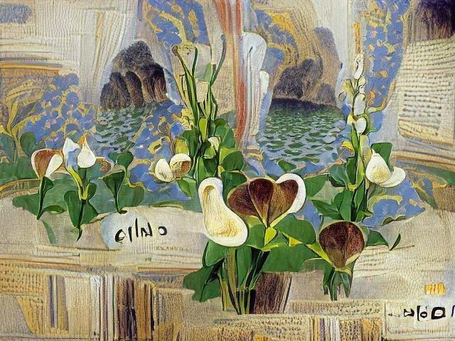 "Beautiful calla flowers and lilies, painted by Claude Monet and Ivan Bilibin"