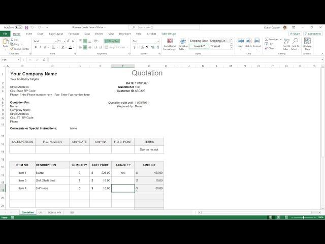 Free Business Quote Template in Excel