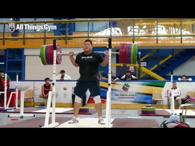 Yangjae Lee (+105kg, Korea) Squatting up to 285kg 2015 Worlds Training Hall