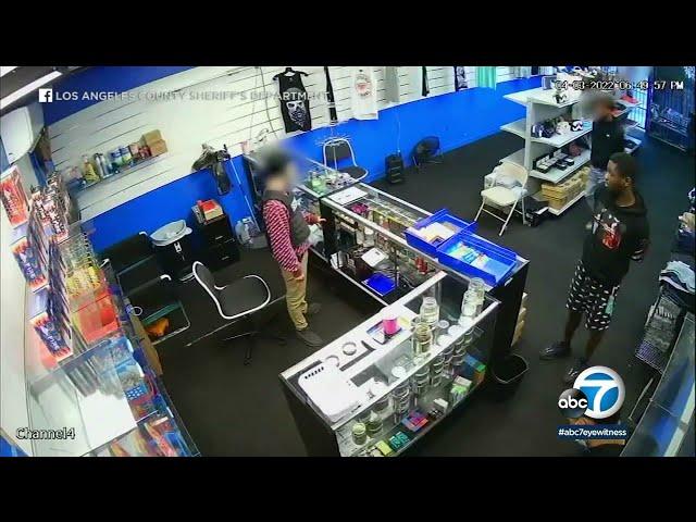 Video shows wild shootout with guard at Compton smoke shop that led to robbery suspect's death