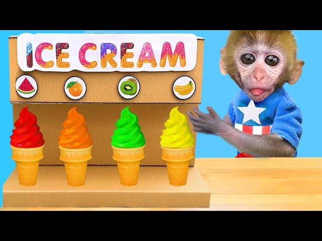 Monkey Baby Chu Chu doing shopping in Toy store and eats ice cream rainbow with puppy the pool