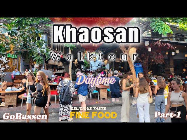 Khaosan road atmosphere walk in daytime. Bangkok Thailand. Food, entertainment and shopping.