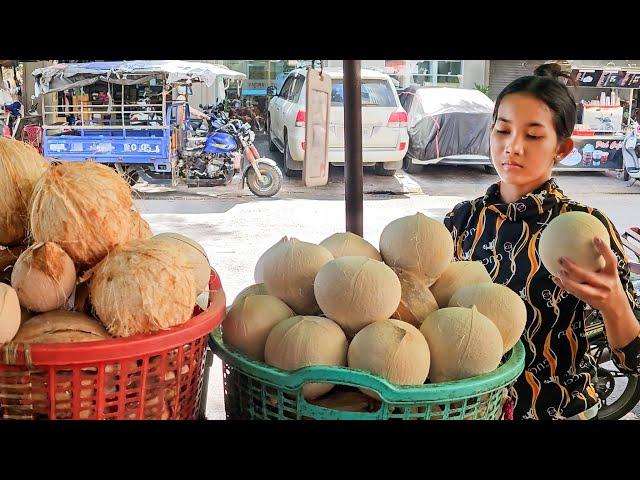 Amazing! Cambodian Lady Coconut Fruit Cutting Skills - Cambodian Street Food