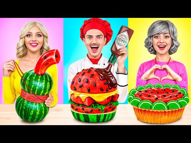 Me vs Grandma vs Chef Cooking Challenge! Cake Decorating Sweets by YUMMY JELLY