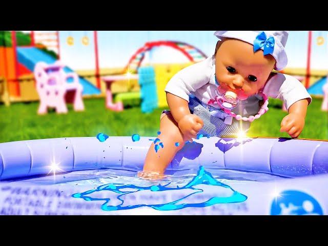 Baby doll swimming in the pool & Baby Annabell at the beach. Baby dolls videos for kids.