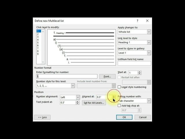 Defined new multilevel list in MS word