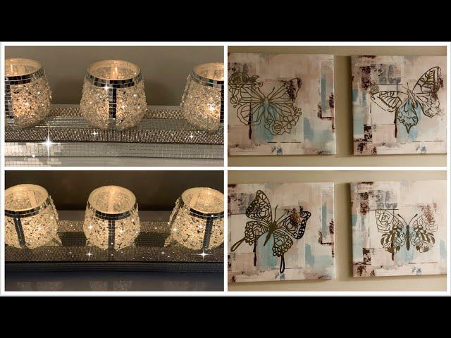 DIY DOLLAR TREE CRUSHED GLASS CANDLE HOLDERS | DIY BUTTERFLY WALL ART