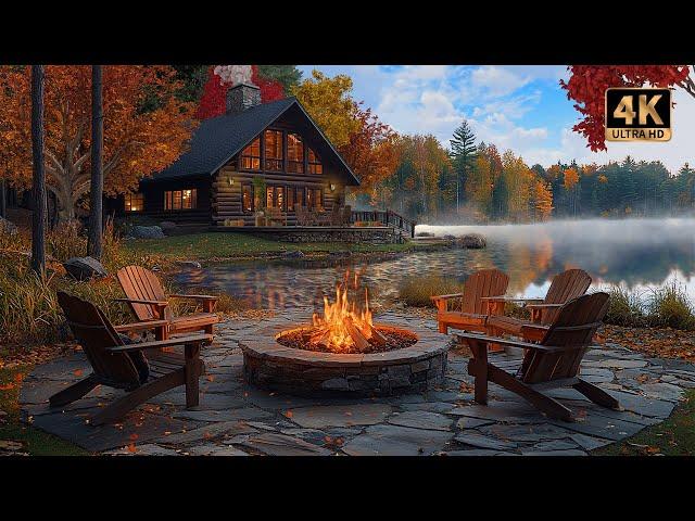 Autumn Lakeside Cabin with Cracking Fire, Rustling Fall Leaves, & Nature Sounds | 4K 