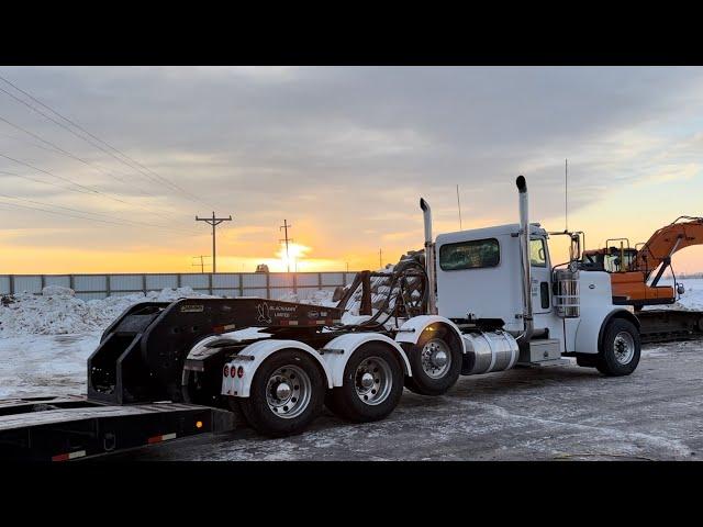 HAULING DOOSAN LOADER WITH 50 TON LOWBOY TRACTOR TRAILER!!