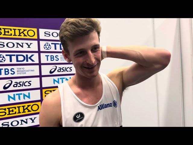 Alexander Doom talks after winning 400m gold at 2024 World Indoors in 45.25 NR