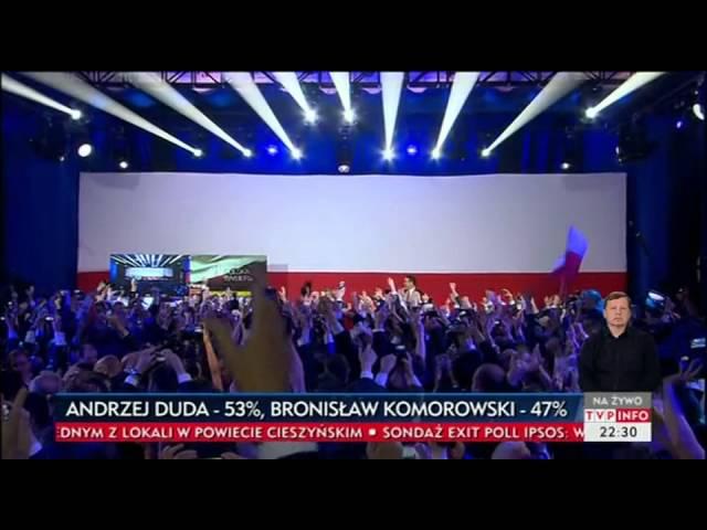 Moment ogłoszenia wyników i radość w sztabie Andrzeja Dudy