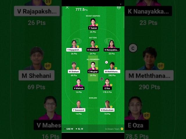 SL- W vs UAE W Dream Team Today match #dream11 #team #viral #trending #winning #shorts #slw #uae