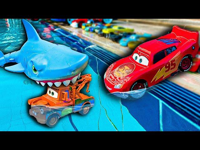 Disney Pixar Cars falling into deep pool, Lightning McQueen, Tow Mater, Mack, Sally, Francesco