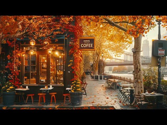 Captivating Fall Jazz Music - Soft Jazz at Cozy Coffee Shop on Autumn Street with Falling Maple Leaf