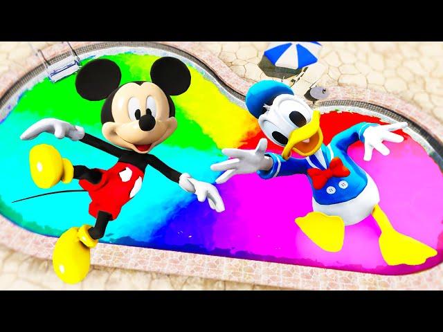 GTA 5 Mickey Mouse & Donald Duck Jumping Into Rainbow Pool (Euphoria Physics/Ragdolls)