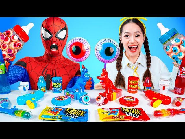 Chief Soyay Plays Red VS Blue Food Color Challenge with Spider-Man At The Hospital