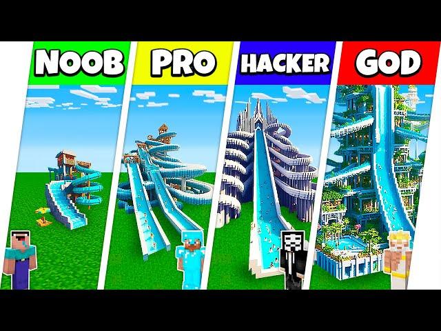 Minecraft Battle: NOOB vs PRO vs HACKER vs GOD: WATER PARK SLIDE HOUSE BUILD CHALLENGE / Animation