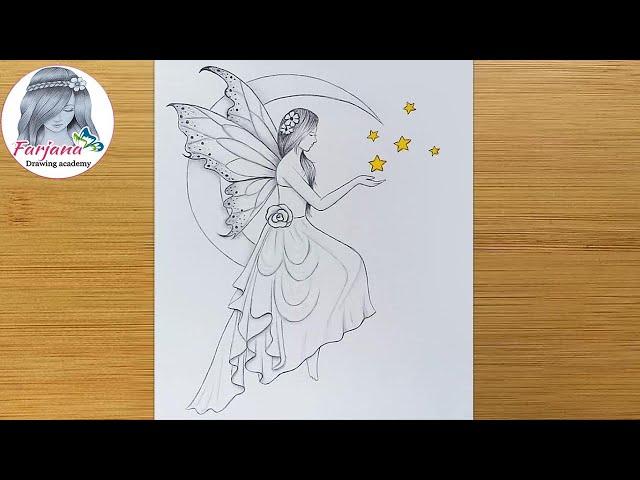 A fairy is sitting on the Moon  - Pencil Sketch || How to draw Fairy Dreams Scenery || peri çizimi