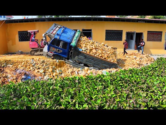 Start New Project Dump Truck Back Unloading Fail Overturned In the Pond Recovery by Excavator Dozer