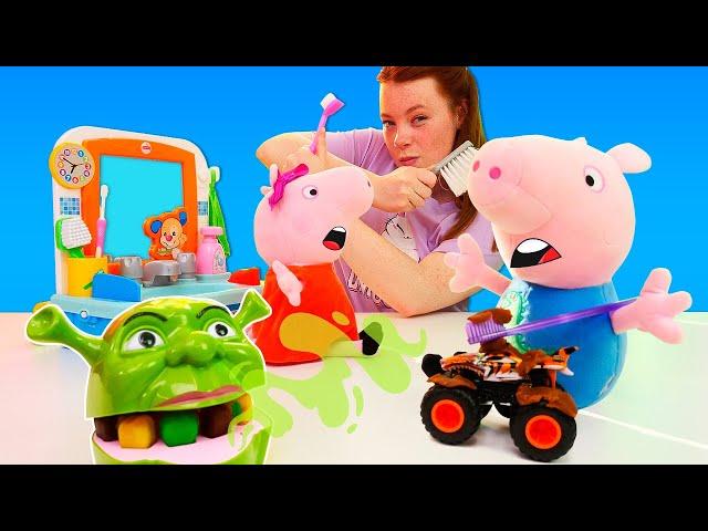 Irene und Peppa Wutz auf dem Kanal Plüpa Plüsch Paradies. Eine Zahnbürste für Shreck.