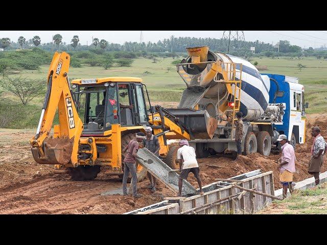 Concrete Mixer Truck cannot give Directly Helps JCB 3DX Grips it, Spills it Constructing Pond Shore