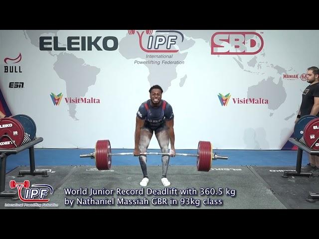 World Junior Record Deadlift with 360.5 kg by Nathaniel Massiah GBR in 93kg class