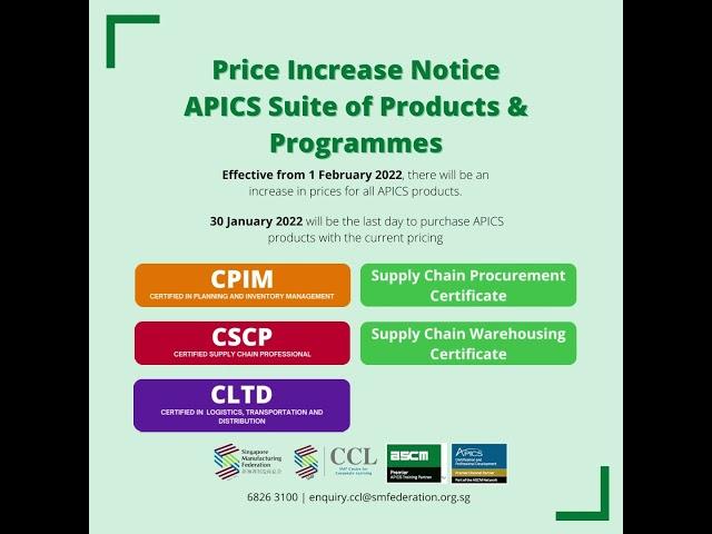 Price Increase Notice APICS Suite of Products & Programmes