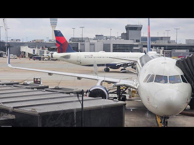 Delta Airlines Airbus A321 Safety Video Demo, pushback, taxi, & takeoff on an overcast afternoon